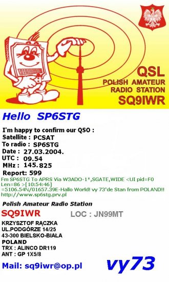 JEDNA Z PIERWSZYCH QSL via PCSAT